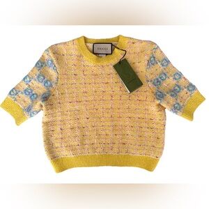 NWT Gucci Yellow Tweed Knit Short Sleeve Sweater Top Medium